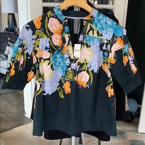 Anthropologie Navy Blouse with Blue and Orange Floral Pattern